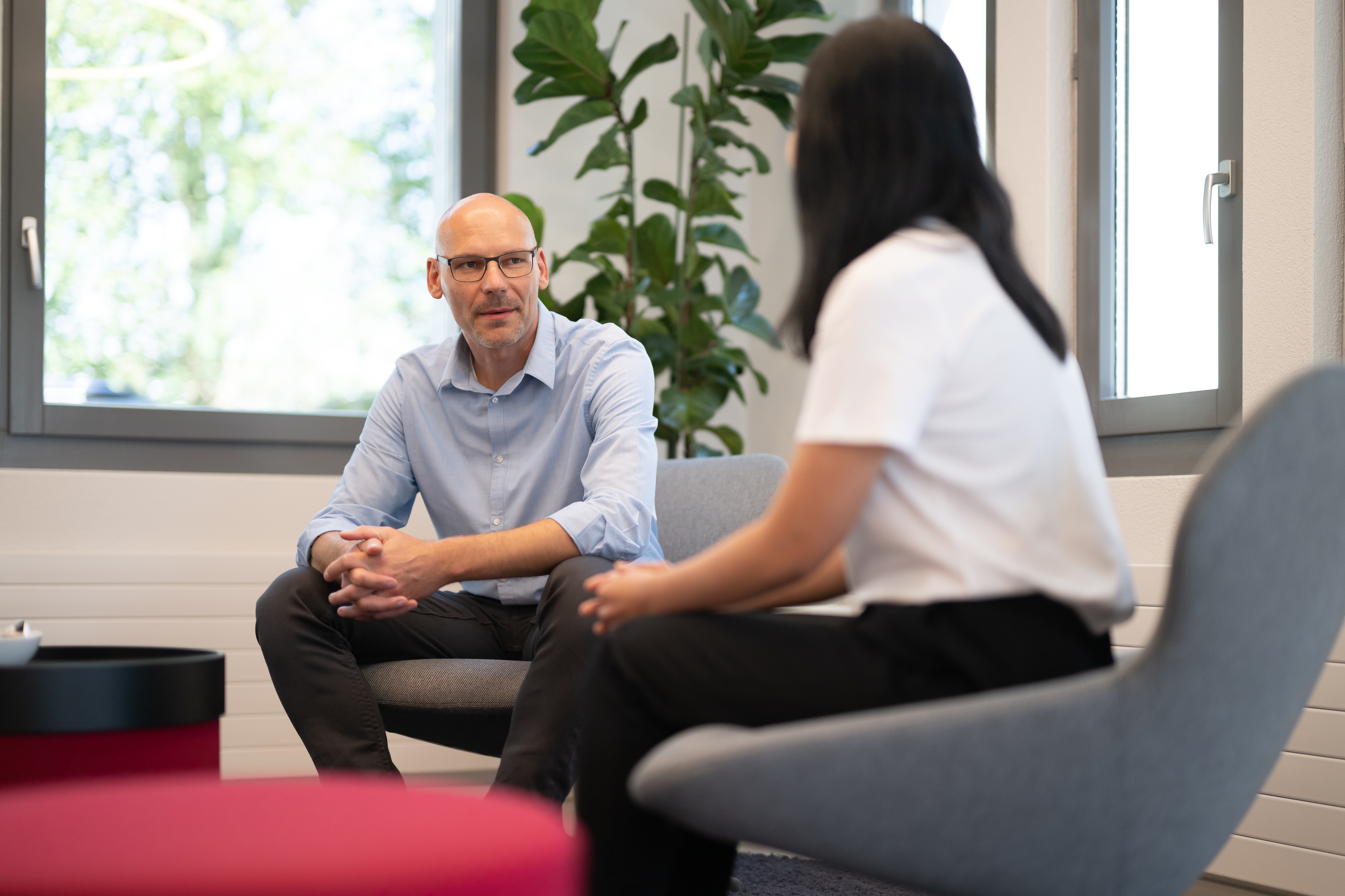 Two professionals in a modern lounge area have a conversation, seated in armchairs near large windows and indoor plants.