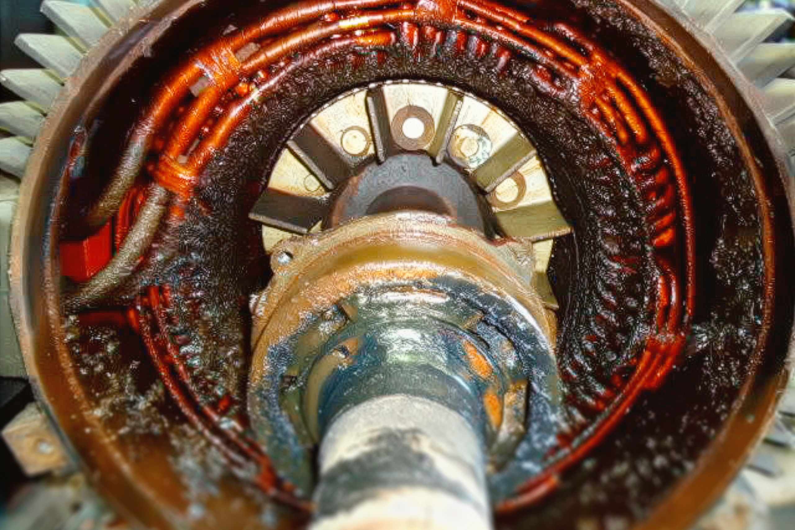 A close-up of a motor with moisture condensation